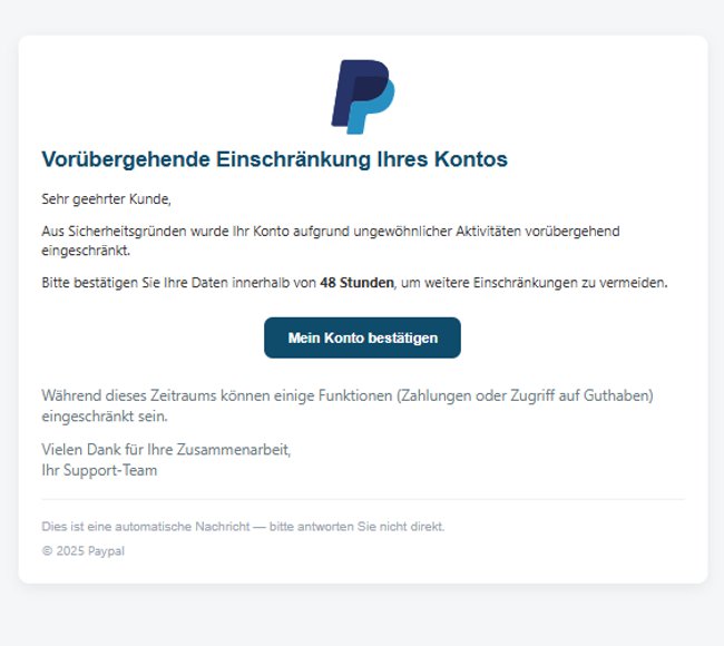 Die Mail stammt nicht von PayPal.