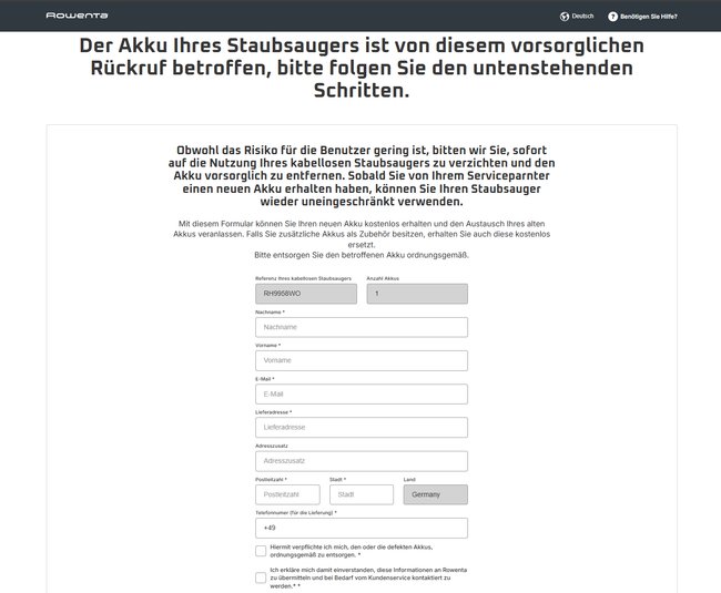 Rückrufaktion von Rowenta für Staubsauger Akkus