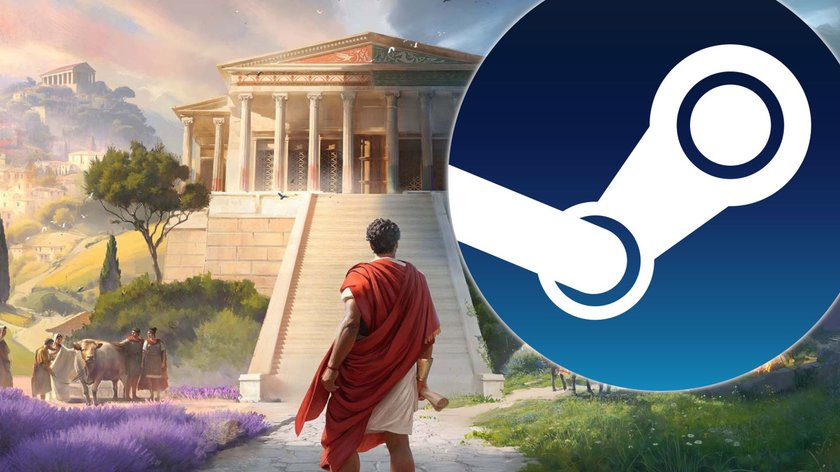 Ein Römer, der vor einem Tempel steht, rechts von ihm das Steam-Logo.