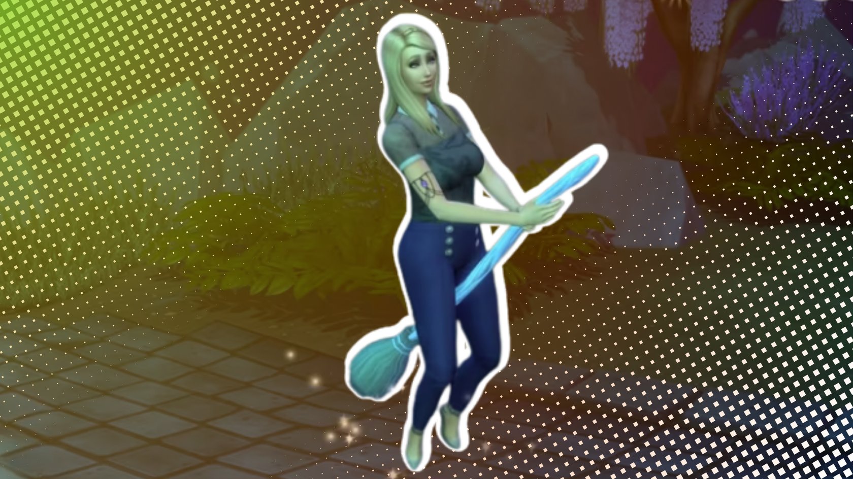 Sim auf einem Besen in der Erweiterung „Die Sims 4: Reich der Magie“.
