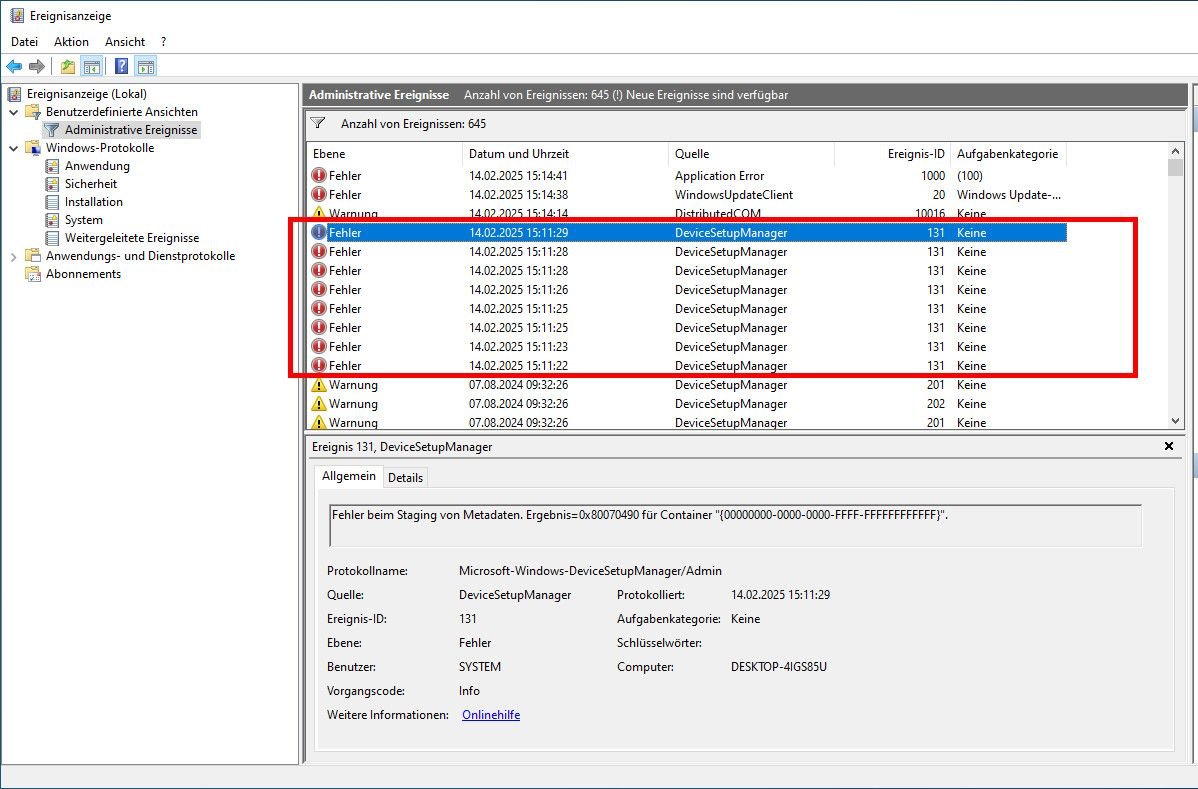 Windows-Ereignisanzeige mit Liste von Staging-Fehlern.