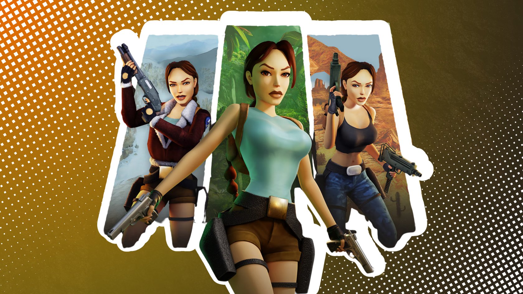 Illustration von drei Versionen der Videospielheldin Lara Croft aus verschiedenen Epochen der Tomb-Raider-Spielreihe. In der Mitte steht sie in ikonischem türkisfarbenem Top und braunen Shorts vor einem Dschungelhintergrund. Links trägt sie eine rote Winterjacke mit Fellkragen und hält ein Gewehr vor verschneiten Bergen. Rechts erscheint sie in einem schwarzen Top und Jeans mit zwei Pistolen vor einer Wüstenlandschaft. Der Hintergrund ist ein grafisches Muster in Braun- und Orangetönen mit weissem Rahmen um jede Figur.