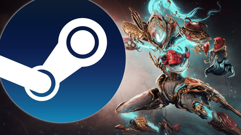 Werbebild von Warframe Xaku Prime mit Steam-Logo im Vordergrund.