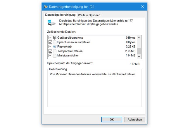 Screenshot der Datenträgerbereinigung unter Windows 10