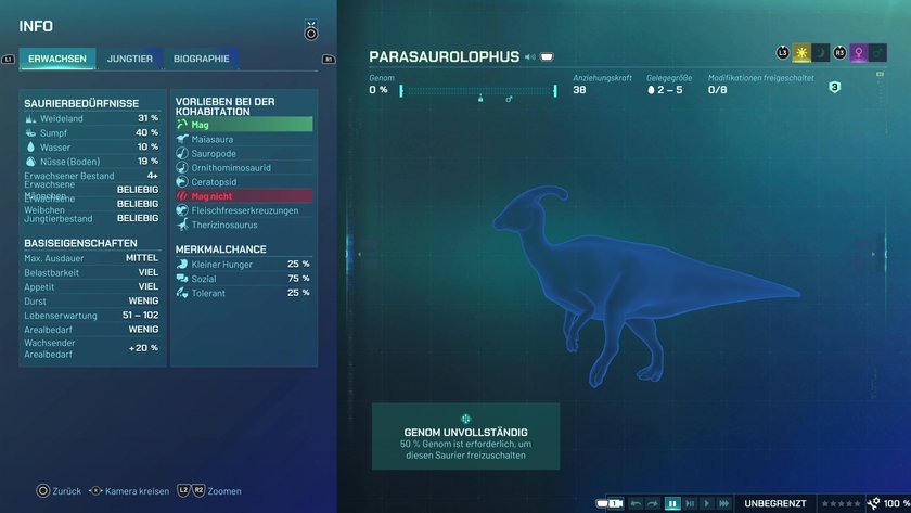 Infos zum Parasaurolophus Pflanzenfresser-Dino in Jurassic World Evolution 3