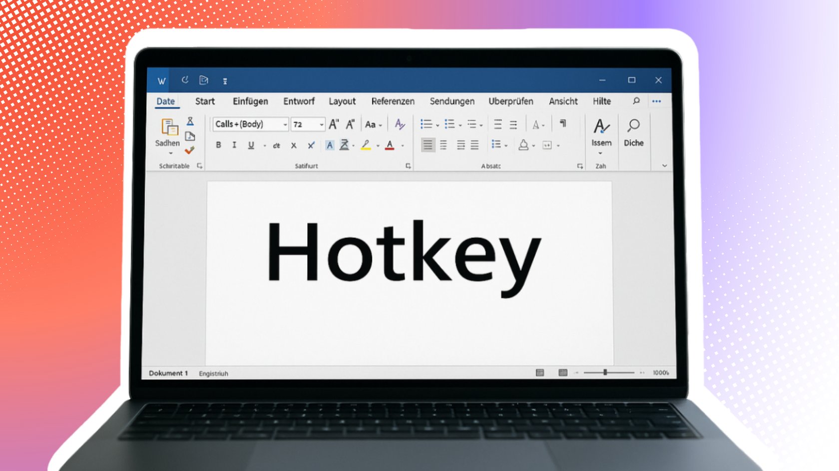 Laptop mit einem Microsoft Word-Dokument, auf dem das Wort "Hotkey" in großer Schrift angezeigt wird.