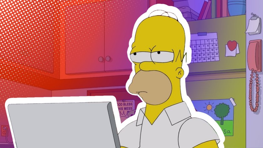 Zeichnung einer gelben Cartoon-Figur (Homer Simpson) mit nachdenklichem Gesichtsausdruck, die vor einem Laptop sitzt. Im Hintergrund eine Küchenszene mit Hängeschränken, einem Kalender, einem Telefon und einem an die Wand gehefteten Zettel. Der Hintergrund hat einen roten bis violetten Farbverlauf mit Punkten im Pop-Art-Stil.