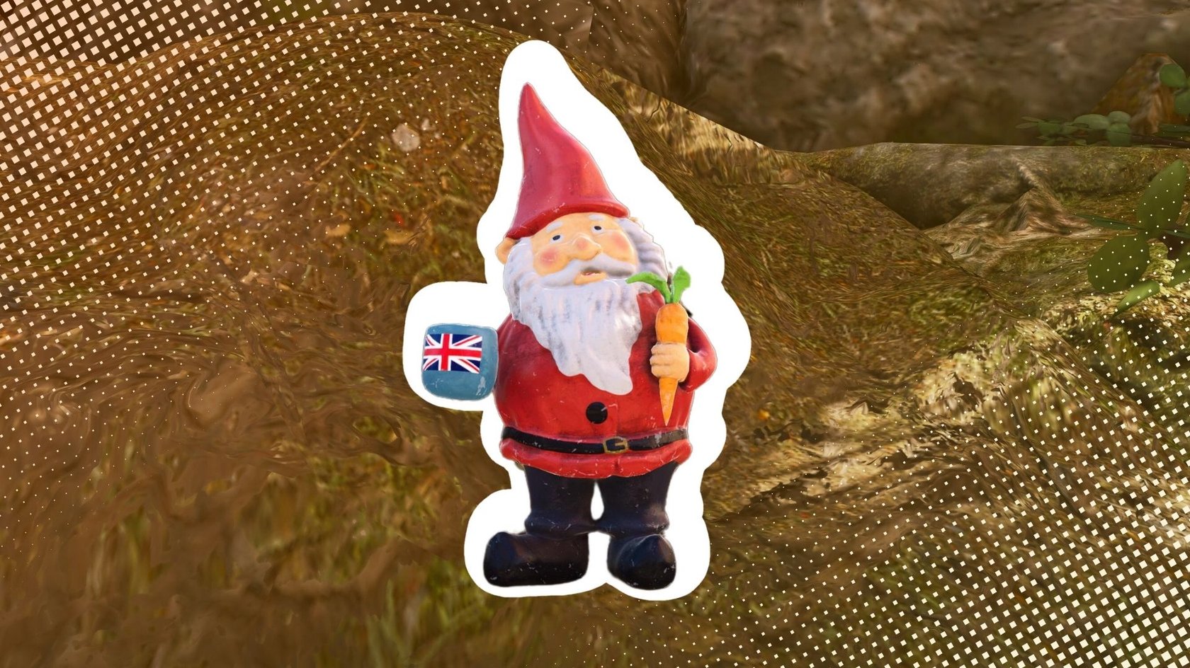 Das Bild zeigt einen Gartenzwerg, der in seiner rechten Hand eine Tasse mit einer UK-Flagge in der Hand hat. In der linken Hand trägt er eine Karotte. Der Zwerg ist weiß umrandet.