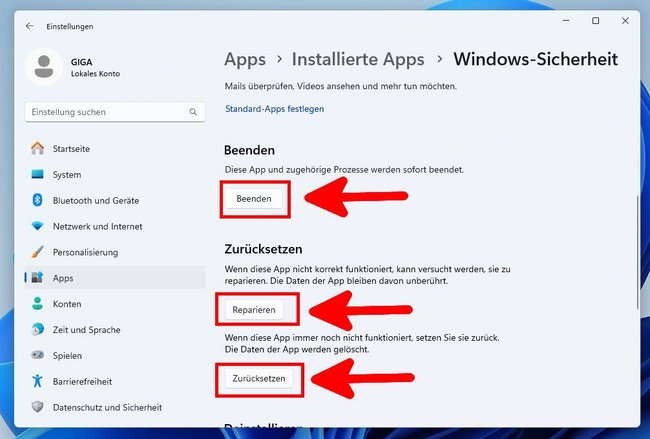 Screenshot von der App Windows-Sicherheit mit Reparatur-Optionen.