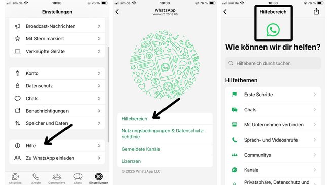 Hilfebereich in der WhatsApp-App