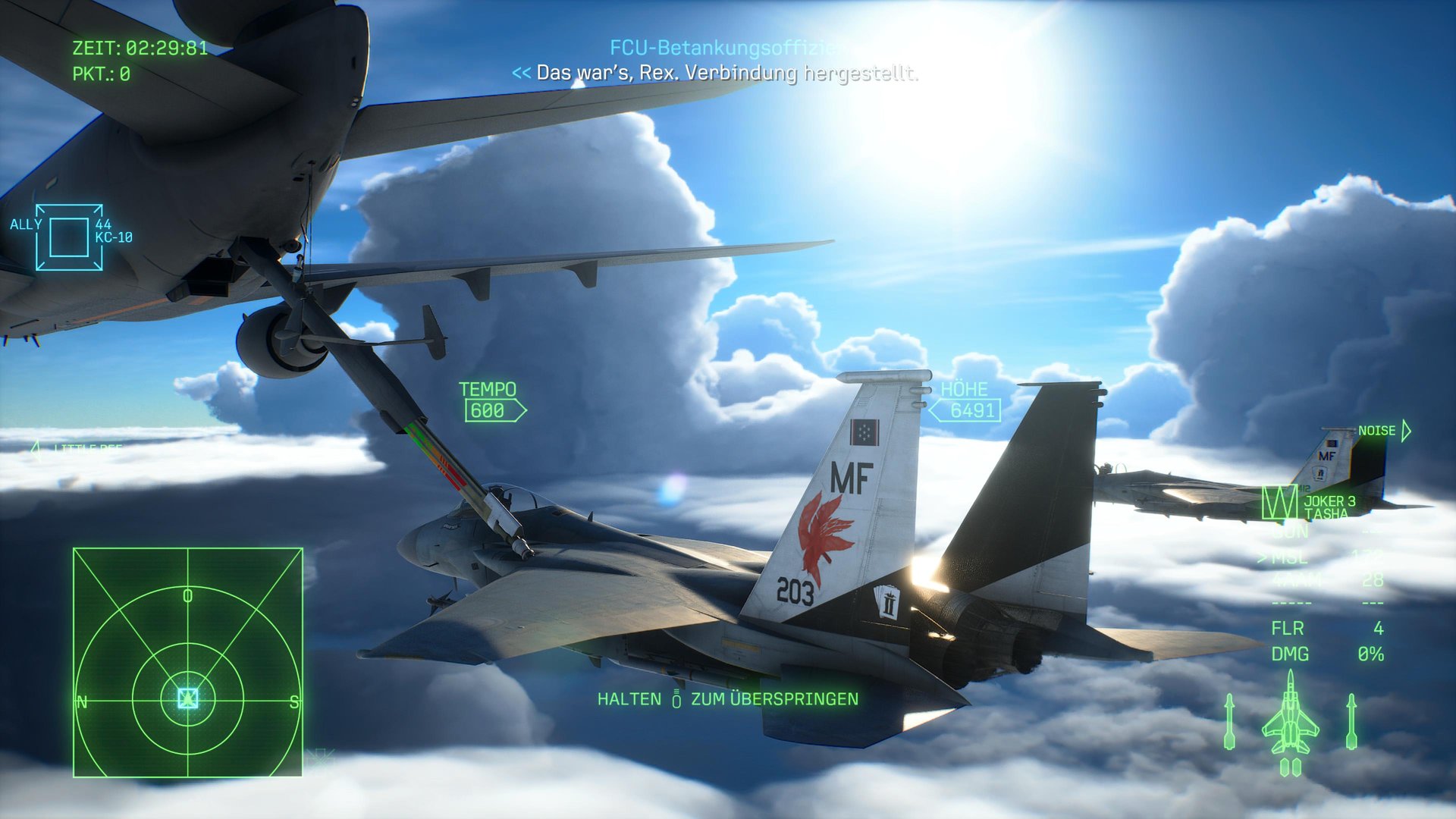 A fighter jet perspective from a video game, showing an aerial refueling scene. A fighter jet is linked to a tanker aircraft as they fly through a cloudscape. The HUD shows information such as time, pack count, speed, altitude, a radar and ammunition indicators. Another fighter jet can be seen in the distance.