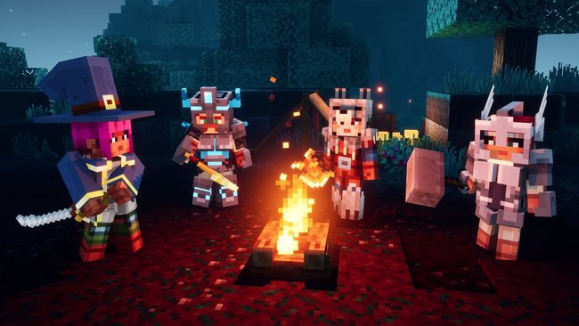 Eine Gruppe aus vier Minecraft-Kriegern versammelt sich um ein Lagerfeuer.