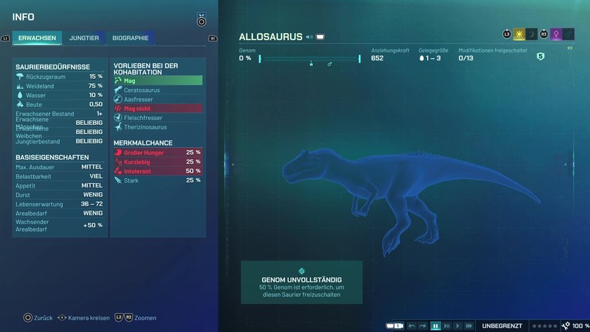 Infos zum Allosaurus Fleischfresser-Dino in Jurassic World Evolution 3