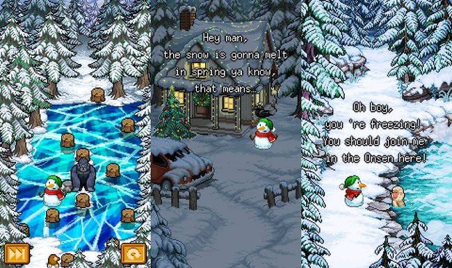 Screenshots des weihnachtlichen Abenteuer-Spiels "Snowman Story“ in der Android-Version