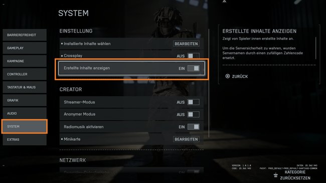 Das Bild zeigt ein Menü aus Battlefield 6.