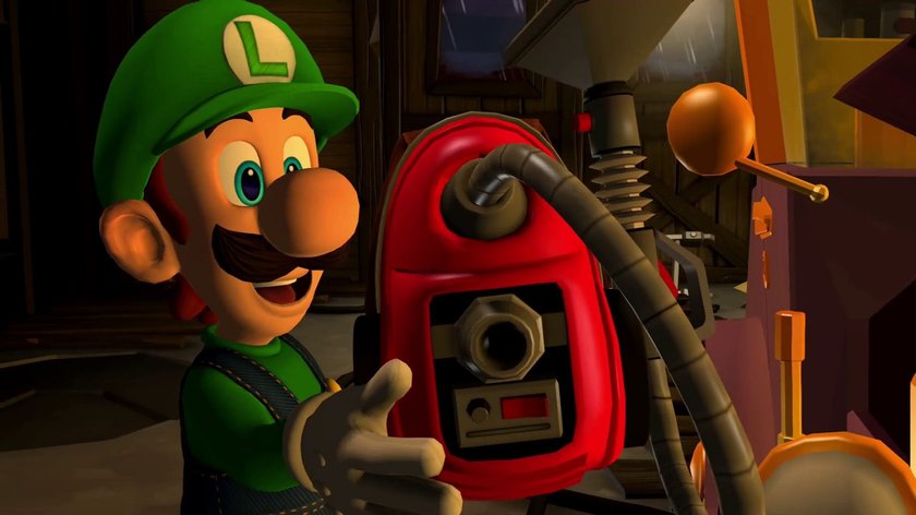 Das Bild zeigt eine Szene aus dem Spiel Luigis Mansion 2. Luigi hält einen Staubsauger.