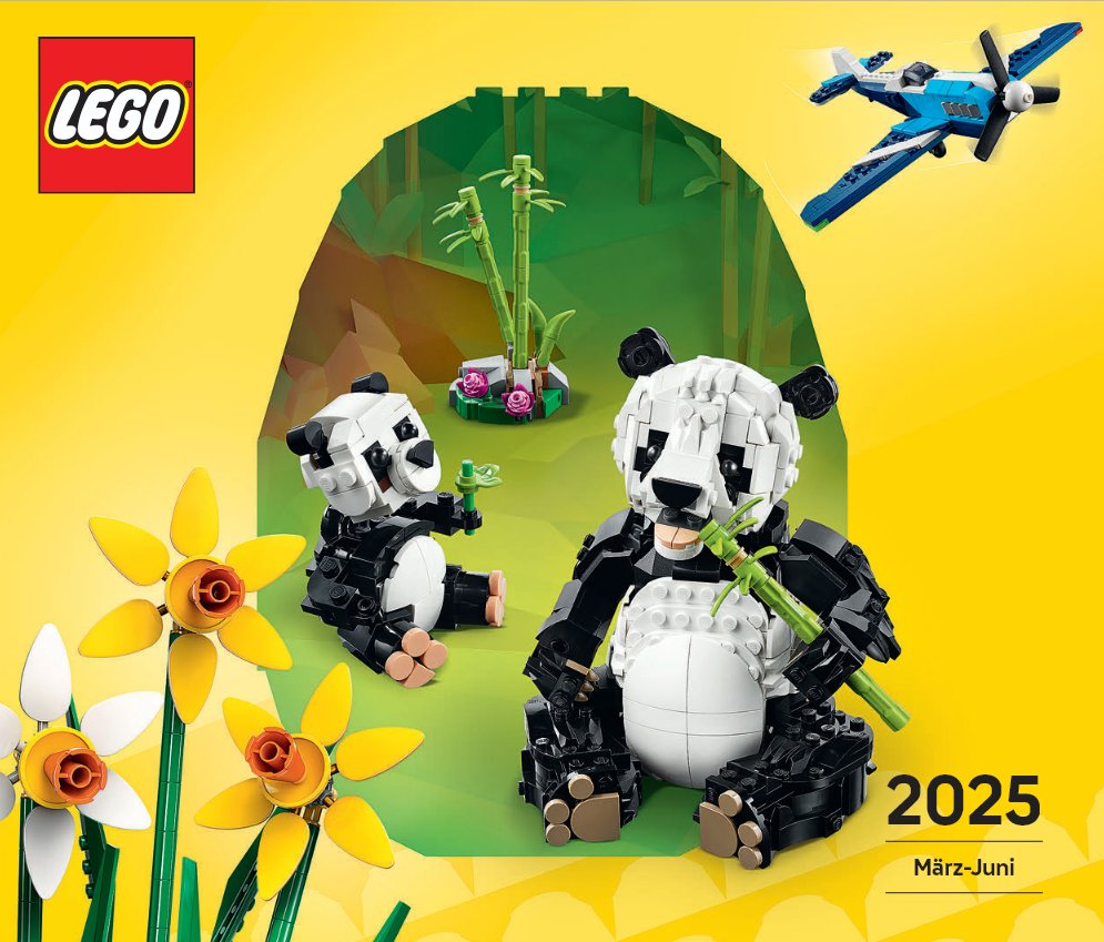 Ein LEGO-Werbeplakat zeigt zwei Pandafiguren aus LEGO-Steinen in einer grünen Bambuslandschaft. Oben links ist das LEGO-Logo, und unten rechts steht 