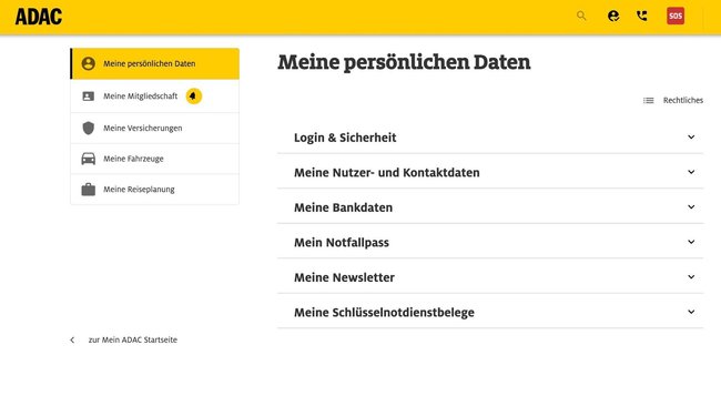 Die Kategorie „Meine Seite“ beim ADAC.