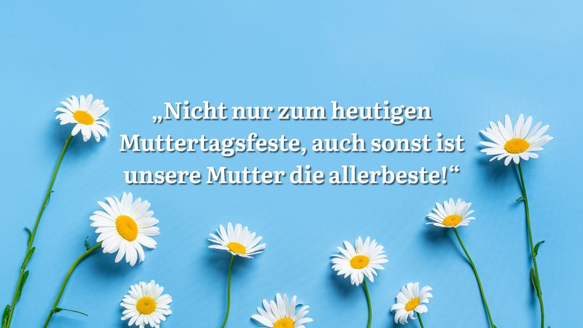 Blauer Hintergrund mit Gänseblümchen und Spruch.