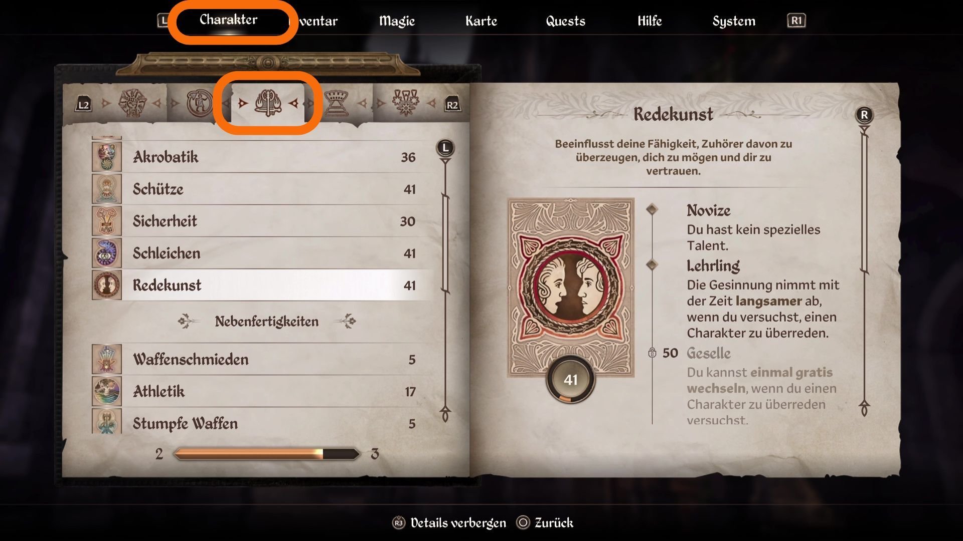 Fundort der Fertigkeit Redekunst im Menü von Oblivion Remaster