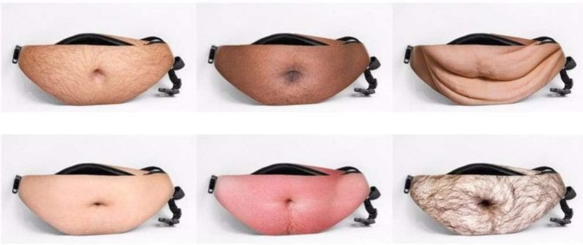 Eine Collage von sechs verschiedenen Bauchtaschen, die wie nackte Bäuche in verschiedenen Hautfarben und mit unterschiedlicher Behaarung aussehen.