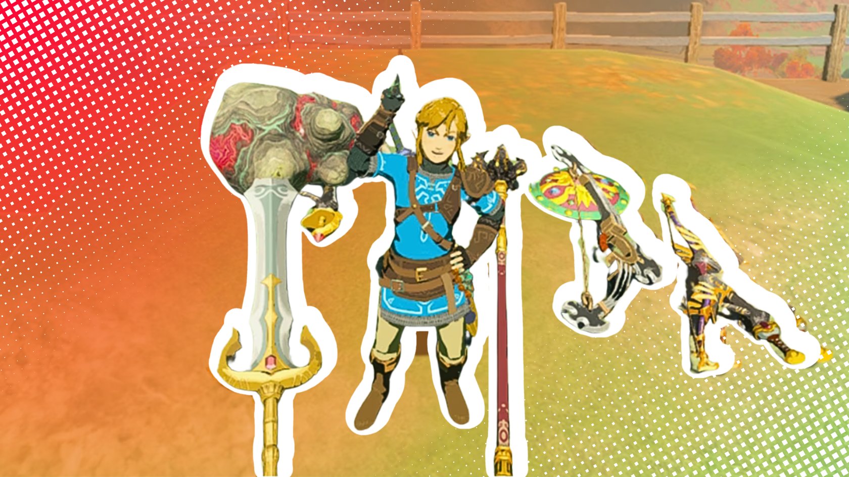 Ein Charakter in einem blauen Fantasy-Outfit posiert mit verschiedenen Waffen und Ausrüstungsgegenständen aus einem Videospiel. Links ein grosses Schwert mit einem verzierten Griff und roten Details, rechts ein bunter Schild mit einem gelben Motiv und darunter eine futuristische Waffe oder ein Werkzeug. Im Hintergrund eine grüne Wiese mit einem Holzzaun und herbstlichen Bäumen, der Hintergrund hat einen stilisierten Farbverlauf von Rot zu Grün.