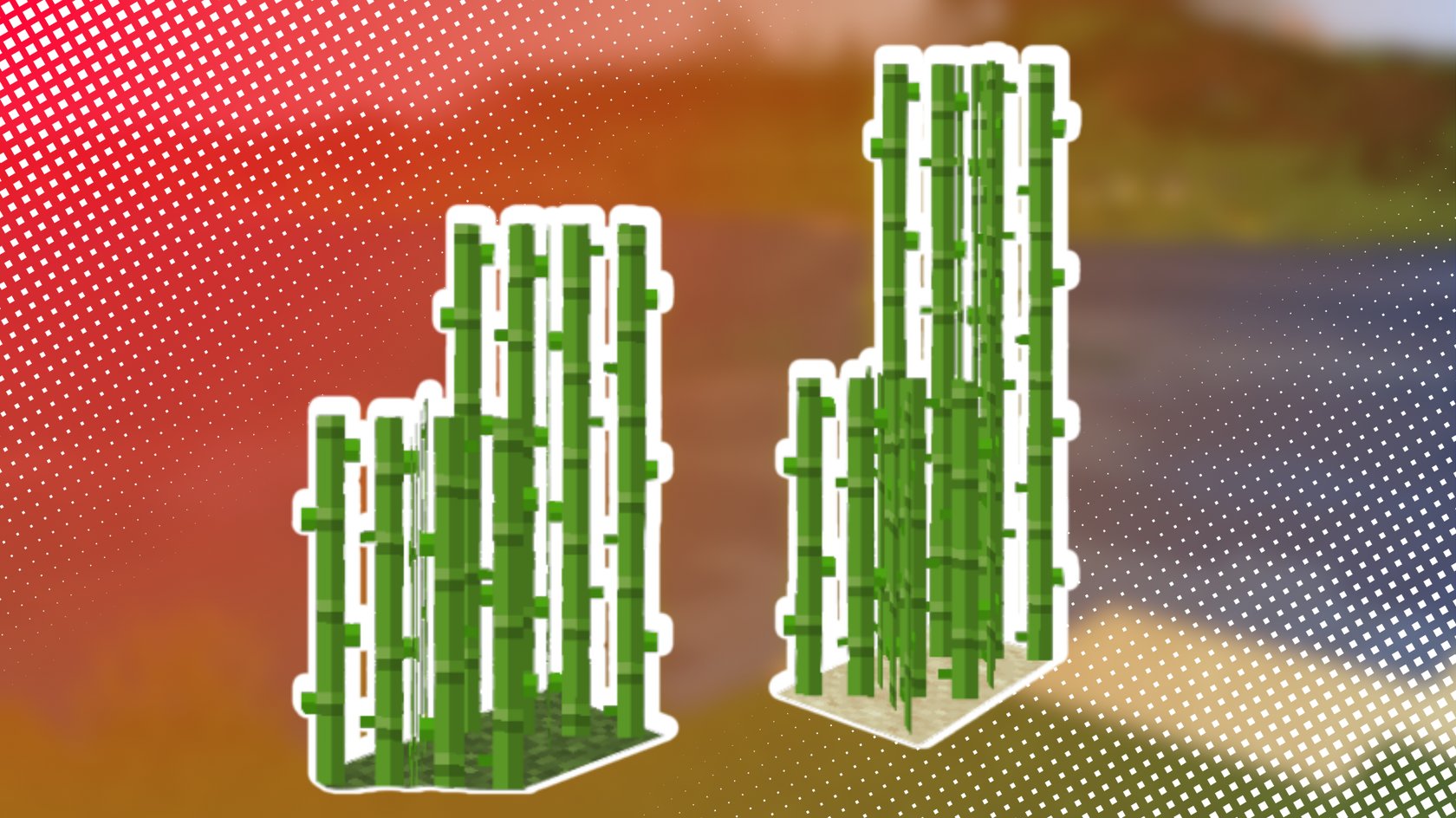 Illustration von zwei Bambuspflanzen aus dem Videospiel Minecraft, die nebeneinander auf Gras- und Sandblöcken wachsen. Die Pflanzen sind mit einem weissen Rand hervorgehoben, während der Hintergrund verschwommen und mit einem rot-weissen Punktmuster überlagert ist.
