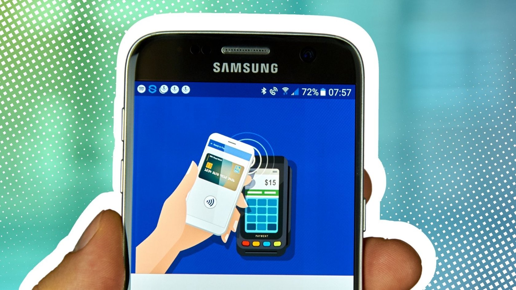 Samsung Smartphone mit einem digitalen Bezahlsystem auf dem Display.