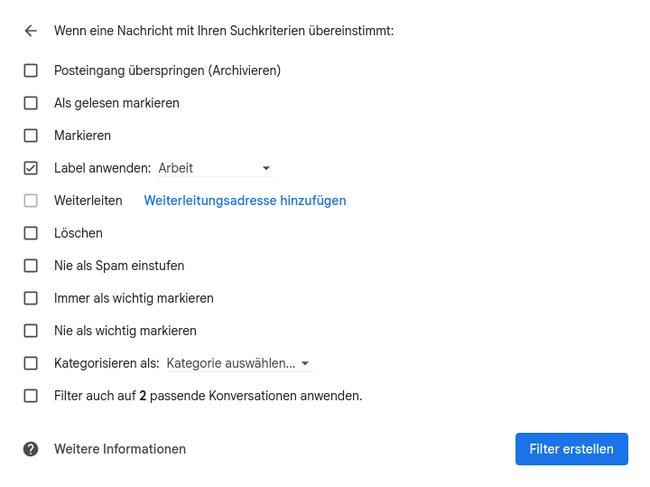 Das Bild zeigt die Einstellungen für einen E-Mail-Filter von Gmail.
