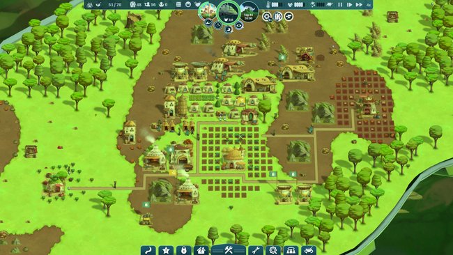 Screenshot aus The Wandering Village, der das Dorf zeigt, in der Mitte ein Bauernhof, um geben von Gebäuden.