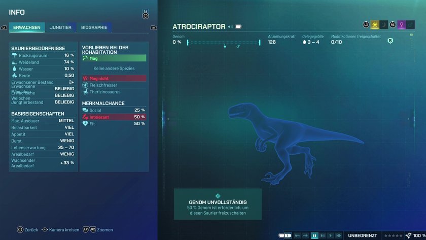 Infos zum Atrociraptor Fleischfresser-Dino in Jurassic World Evolution 3