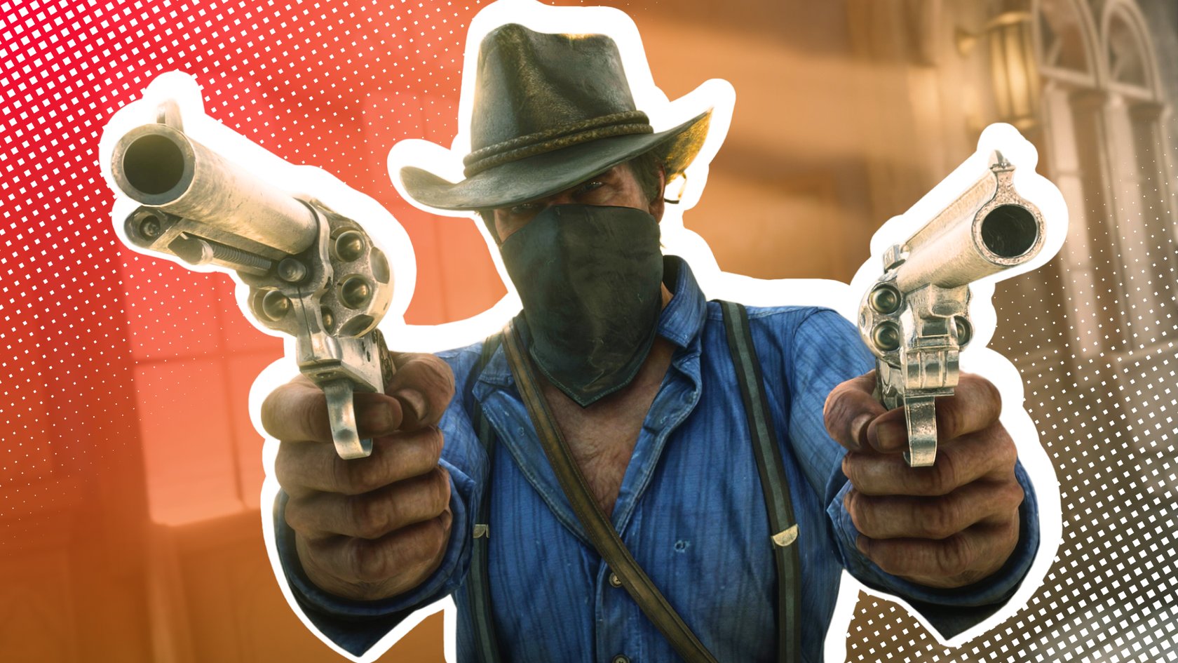 Eine Person in einem blauen Hemd und schwarzem Cowboyhut hält zwei Revolver in die Kamera. Der Hintergrund ist orange-rot mit einem Punktmuster.