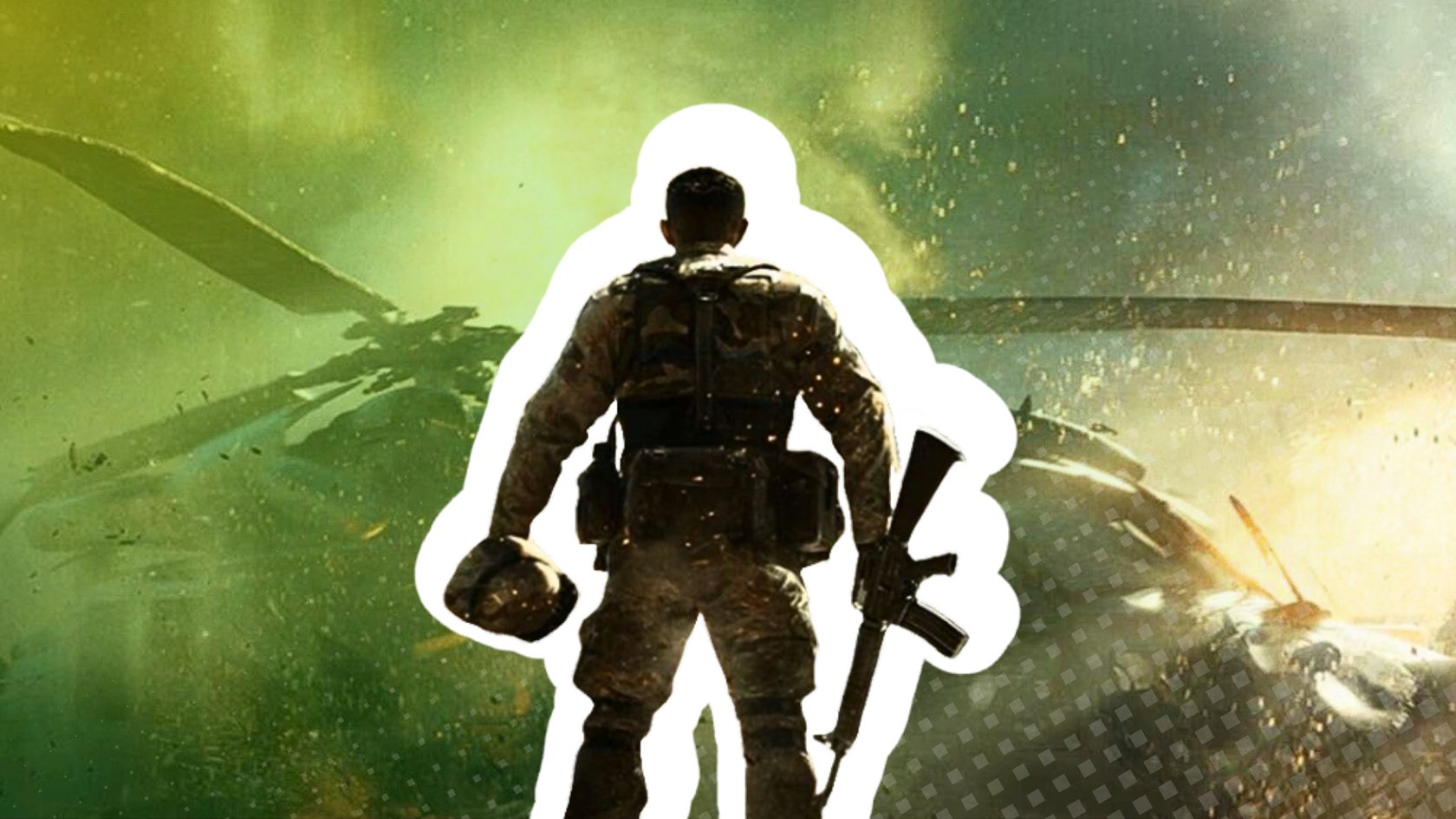 Soldat vor abgestürztem Black Hawk Helikopter