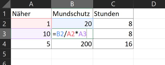 Exceltabelle und Formel für den proportionalen Dreisatz in Excel.