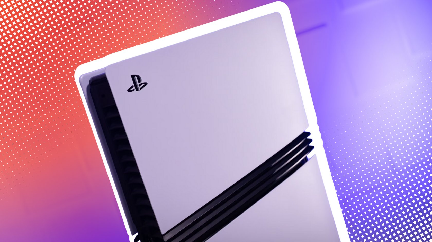 PlayStation 5 Pro vor einem rotblauen Hintergrund.