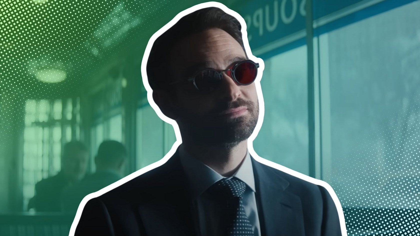 Das Bild zeigt Matt Murdock mit Sonnenbrille und Anzug mit Krawatte. Er sitzt auf einer Bank in einem Diner. Er ist weiß umrandet und hervorgehoben.