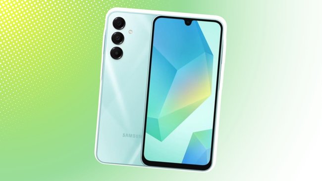 Vorder- und Rückseite des Samsung Galaxy A16 5G Smartphones vor einem grünen Verlaufshintergrund mit weissem Punktmuster auf der linken Seite. Das Gerät zeigt drei Kameralinsen auf der Rückseite und einen geometrischen, farbigen Hintergrund auf dem Display.