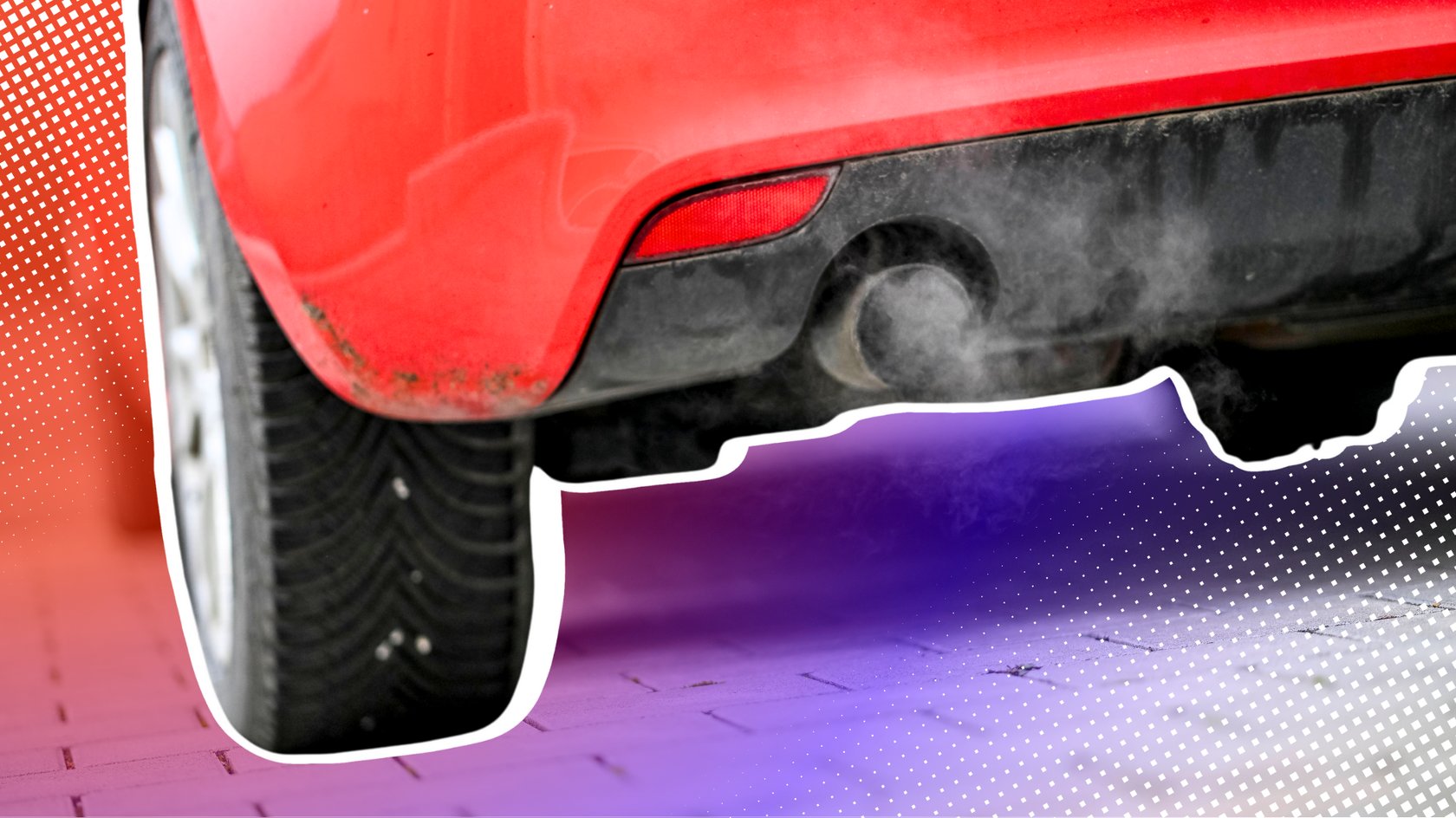 Auspuff am rotem Auto vor rot-blauem Hintergrund