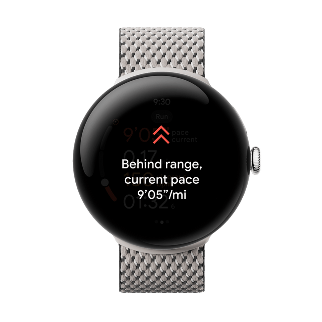 Bildschirm der Pixel Watch 3, auf dem die Live-Coach-Funktion darauf hinweist, schneller zu laufen.