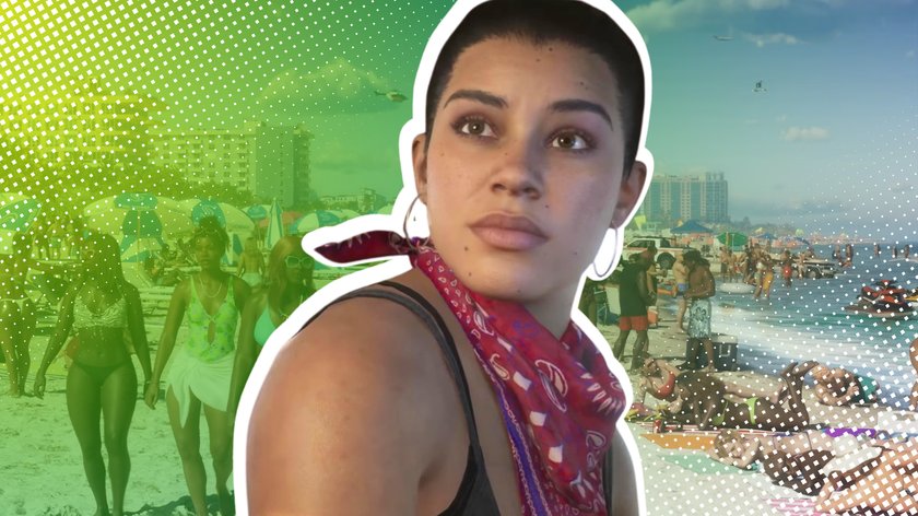 Lucia aus Grand Theft Auto 6 vor dem Strand aus Vice City