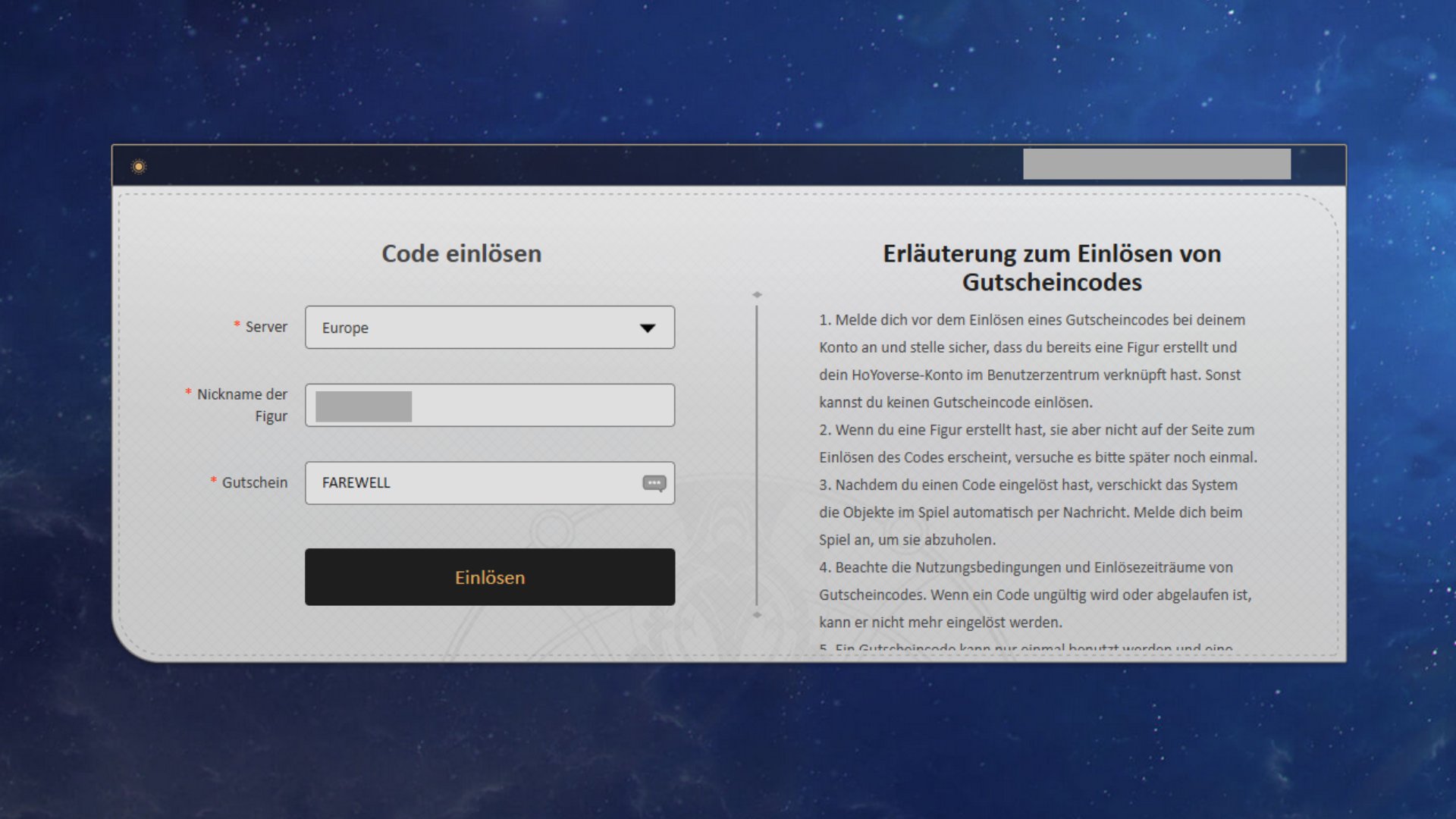 Screenshot of a website with a coupon code redemption form. On the left is the form with the fields &ldquo;Server&rdquo; (drop-down menu, &ldquo;Europe&rdquo; is selected), &ldquo;Nickname of the character&rdquo; (text field) and &ldquo;Voucher&rdquo; (text field with the code &ldquo;FAREWELL&rdquo;). Below that is a black button that says &ldquo;Redeem&rdquo;. To the right are instructions titled &ldquo;Explanation for Redeeming Voucher Codes,&rdquo; which describes several numbered steps. The background shows a night sky with stars.