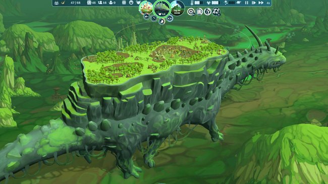 Screenshot aus The Wandering Village mit einem Dorf auf einem sechsbeinigen Dinosaurier.