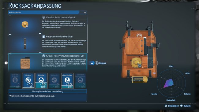 Übersicht von Komponenten für den Rucksack in Death Stranding 2