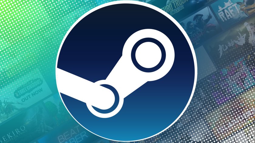 Das Steam-Logo vor einen blaugrünen Hintergrund mit einer Auswahl an Bildern von PC-Spielen.