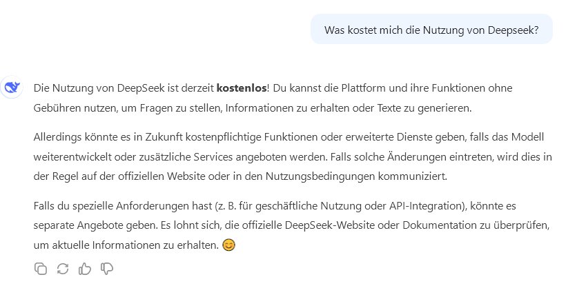 Screenshot einer Deepseek-Antwort, bei der erklärt wird, dass die Nutzung kostenlos ist, aber zukünftig vielleicht kostenpflichtig wird.