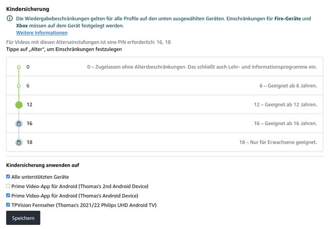 In diesem Beispiel wird die PIN nur auf meinem zweiten Android-Gerät (privates Handy) nicht mehr abgefragt. Beim Wohnzimmerfernseher und dem Android-Tablet bleibt die Abfrage bei allen Inhalten ab 16. In diesem Beispiel wird die PIN nur auf meinem zweiten Android-Gerät (privates Handy) nicht mehr abgefragt. Beim Wohnzimmerfernseher und dem Android-Tablet bleibt die Abfrage bei allen Inhalten ab 16.