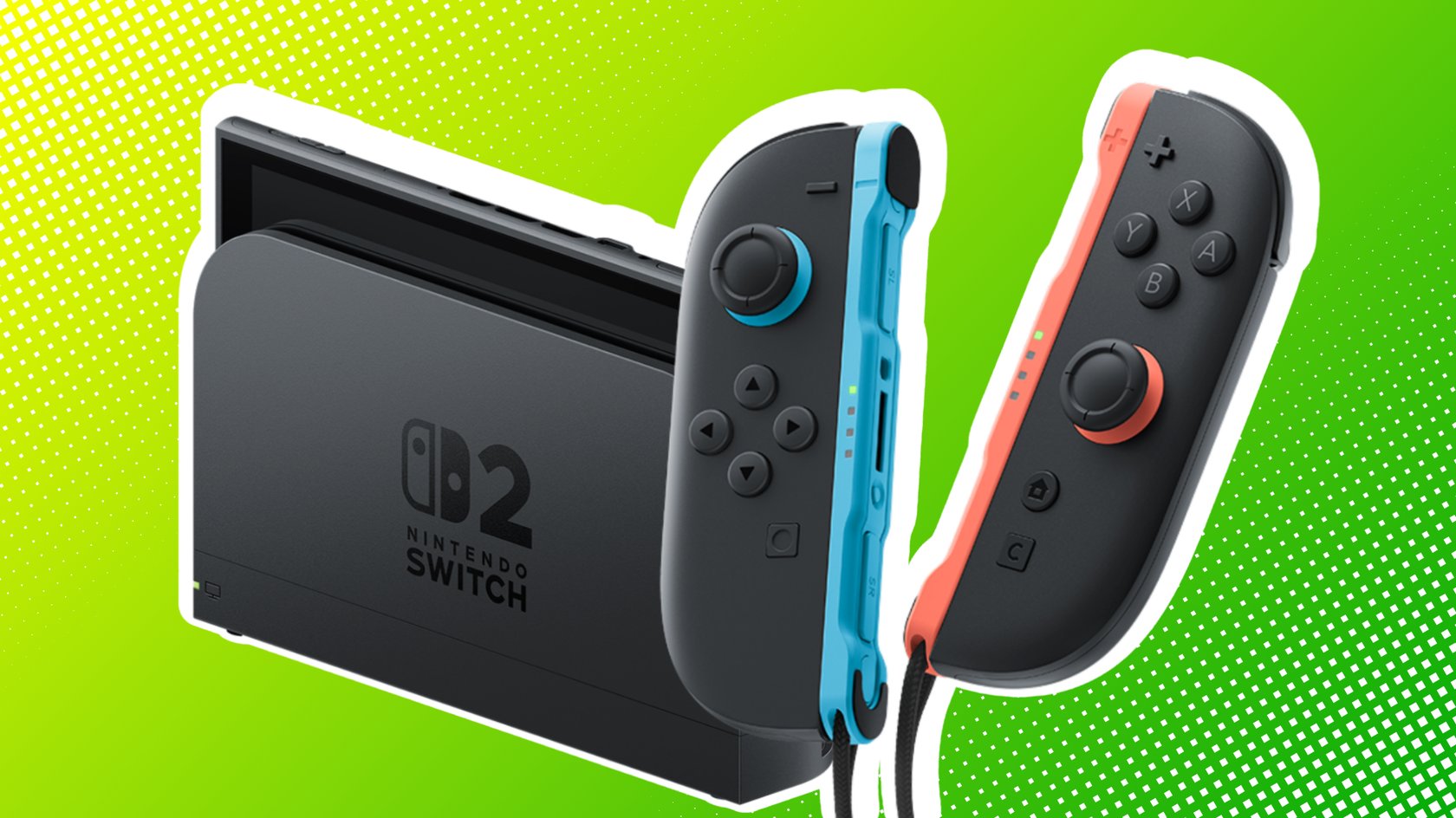 Nintendo Switch 2 vor einem grünen Hintergrund.