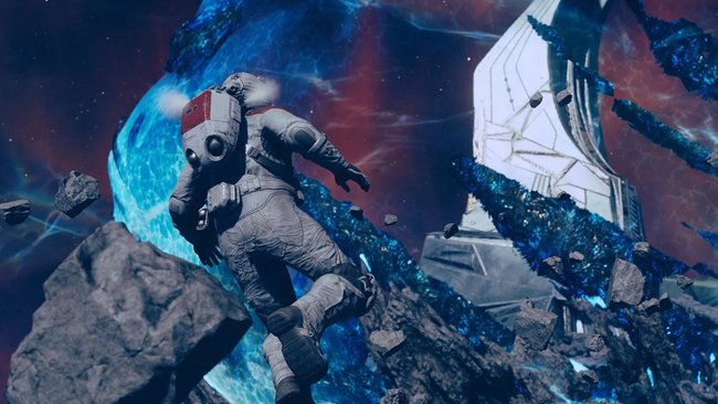 Screenshot aus Starfield. Zu sehen ist ein Astronaut in der Erweiterung Shattered Space