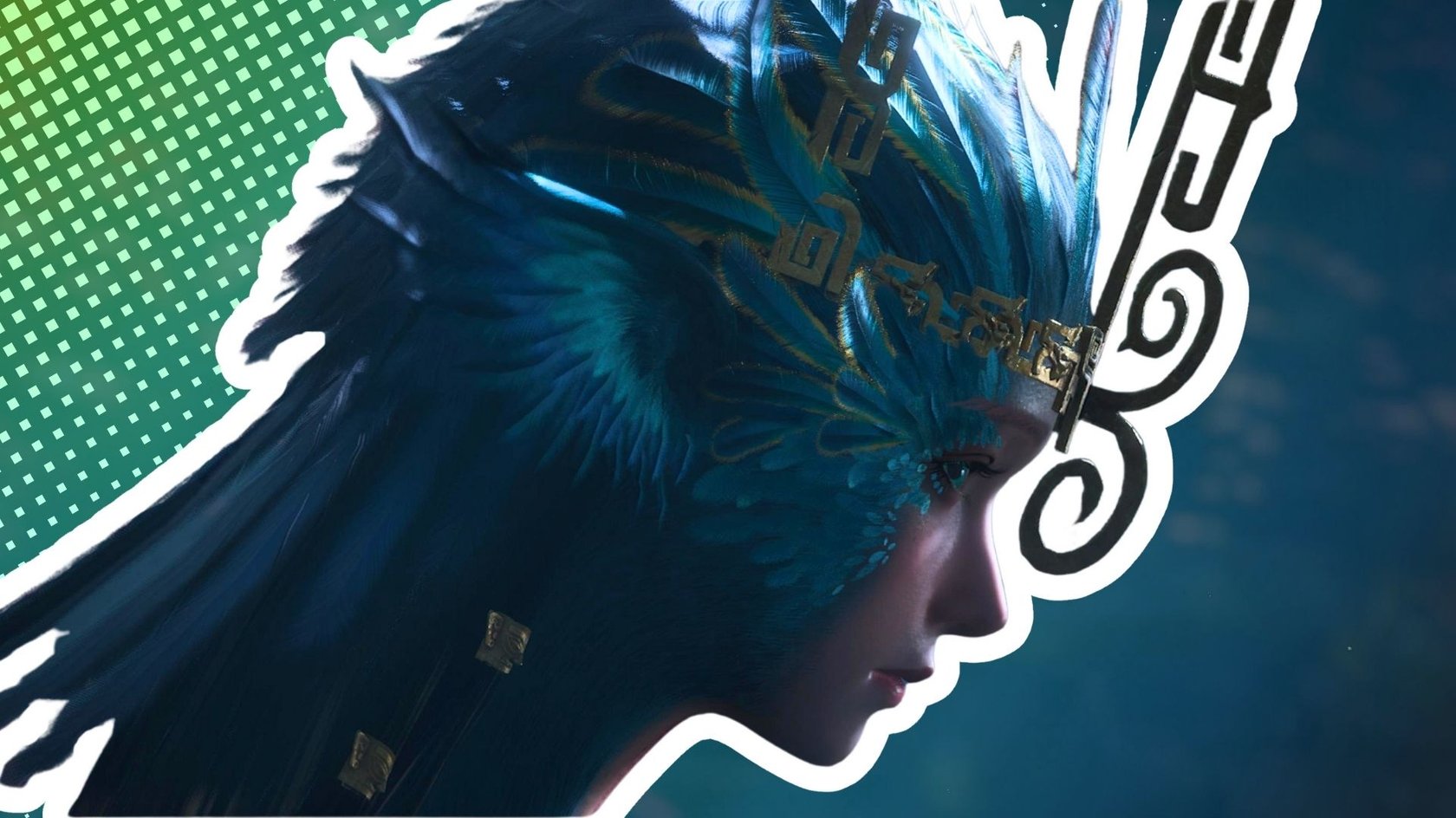 Fantasy-Porträt einer weiblichen Figur im Profil mit kunstvollem, blauem Federkopfschmuck und goldenen Ornamenten. Der Hintergrund ist teils grün mit weißem Rastermuster und teils blau mit abstrakten Formen. Der Kopfschmuck erinnert an Flügel und enthält dekorative goldene Zeichen sowie ein schwarz-weißes, geschwungenes Ornament.