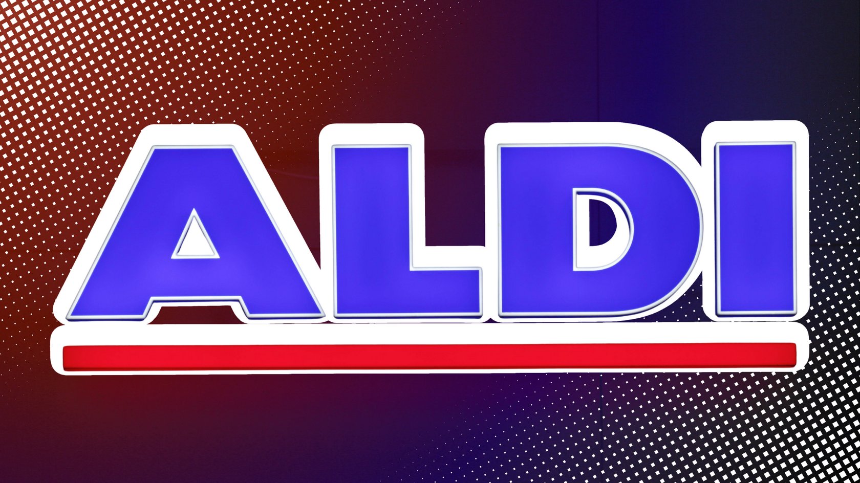 Aldi Logo in blauer Schrift mit rotem Unterstrich.